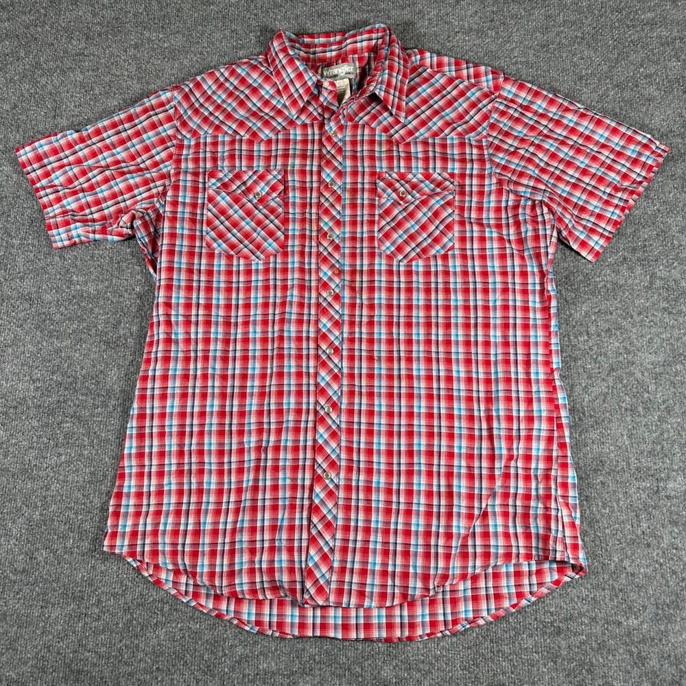 Wrangler Shirt Mens XLT Red Plaid Western Pearl Snap Short Sleeve Tall Stained